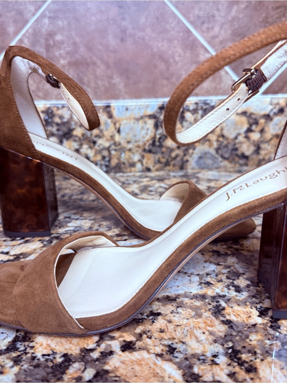 J McLaughlin Esme Sandals Brown Suede Strap Tortoise Block Heel Size 8 EUC